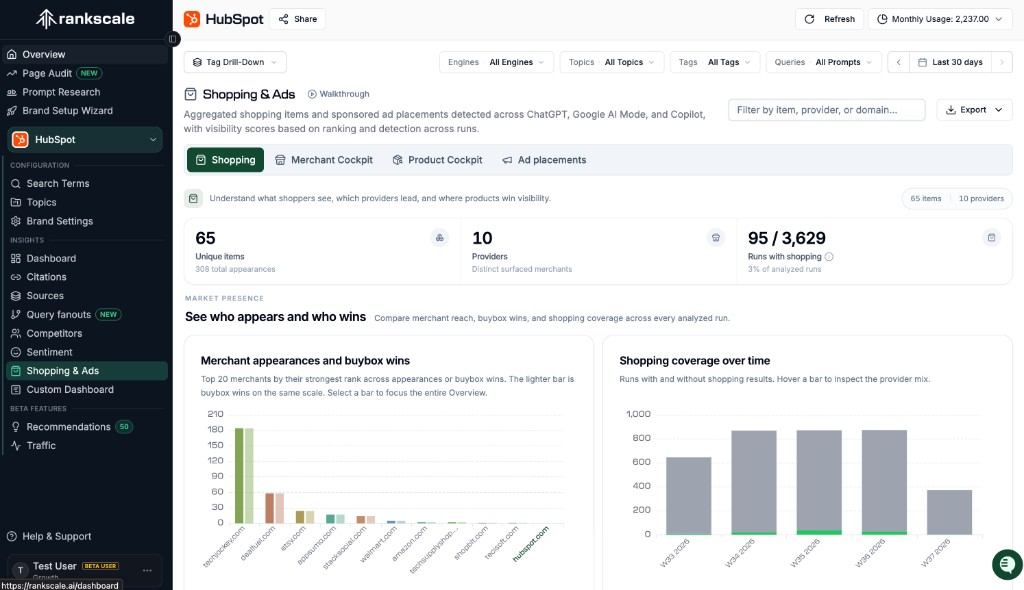 AI shopping and ads visibility analysis in Rankscale for ChatGPT, Google AI Mode, and Copilot