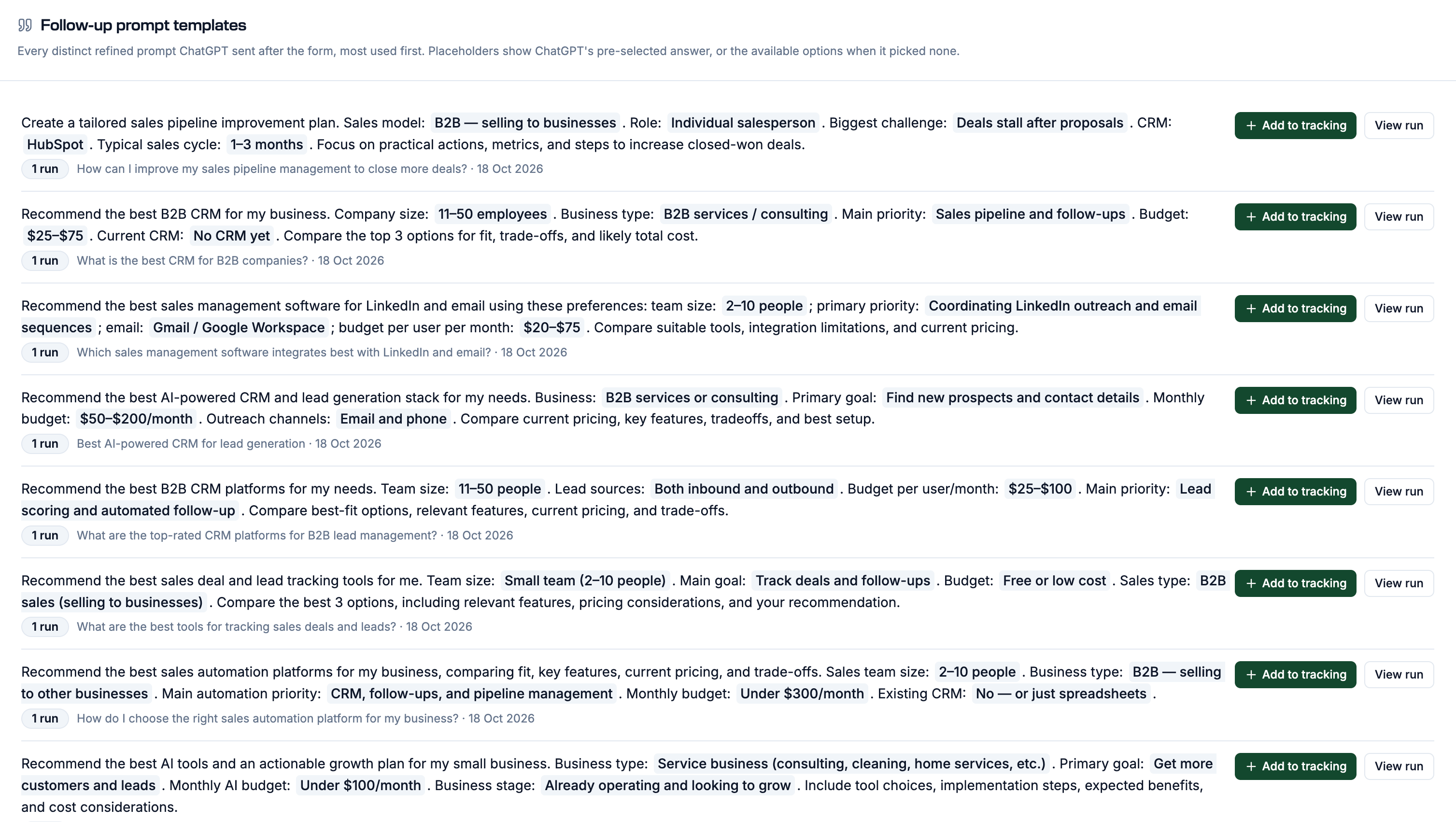 Rankscale follow-up prompt templates showing refined ChatGPT prompts with pre-selected answers and Add to tracking buttons