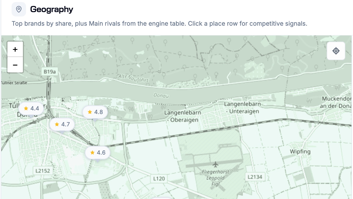 Rankscale Local Results geography map with rating pins for your brand and competitors in AI map packs